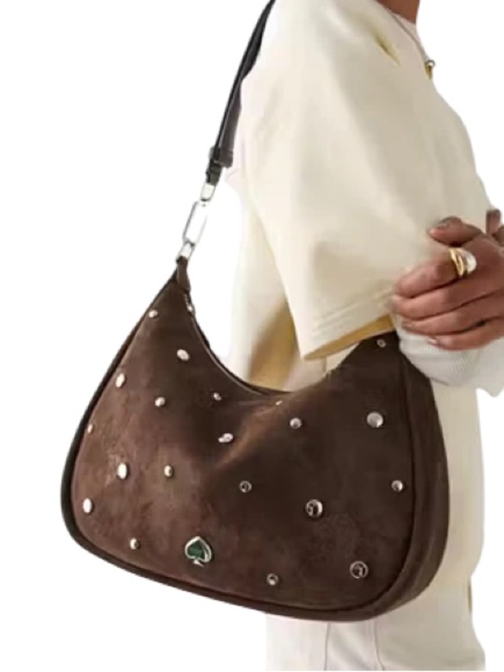 Kate Spade Kayla Suede Studs Large Shoulder Bag Hot Fudge Brown Silver Studded - Picture 2 of 6